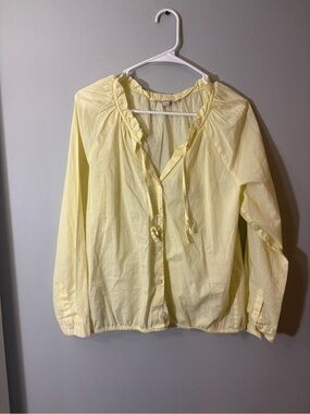 LOFT Pale Yellow Ruffle Tie-Neck Button-Down Blouse